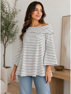 SABO Striped Off Shoulder Blouse XL Beige Black Bell Sleeve Flowy Knit Top